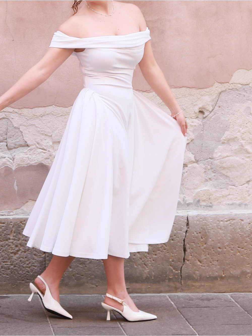 Off-Shoulder White Midi Wedding Dress